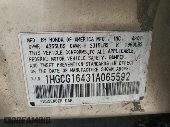 2001 Honda Accord LX z VIN 1HGCG16431A065592, wystawiony jako Copart lot #48422635 z przebiegiem 166 617 mil mil oraz Szkoda całkowita • Salvage title. Historia ofert i sprzedaży dostępna na DreamBid. Obrazek 12.