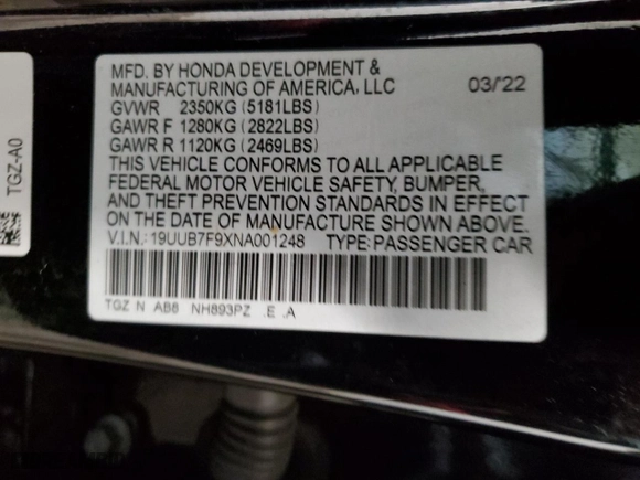 2022 Acura TLX Type S w/Performance Tire with VIN 19UUB7F9XNA001248, listed as a Copart auction lot 77235344 with 31,551 mi miles and Salvage Title. Bid and sale history available at carsss.com. Image 14.