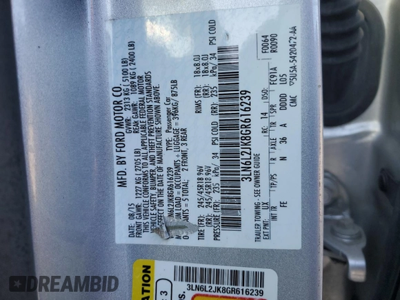 2016 Lincoln MKZ with VIN 3LN6L2JK8GR616239, listed as a Copart auction lot 87861415 with 99,199 mi miles and Salvage title. Bid and sale history available at DreamBid. Image 12.