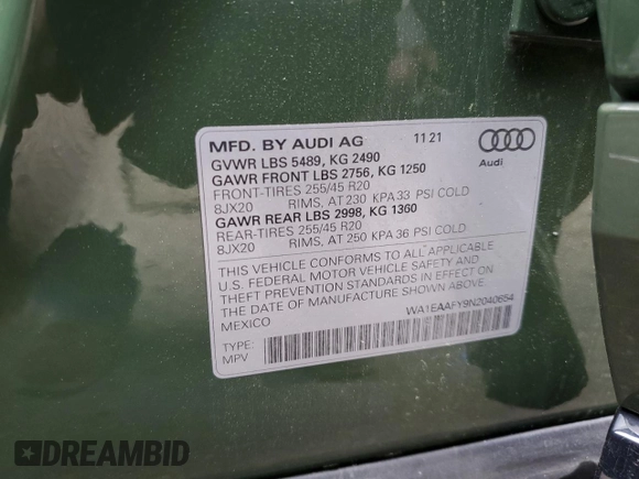 2022 Audi Q5 S line Premium Plus with VIN WA1EAAFY9N2040654, listed as a Copart auction lot 58979185 with 35,546 mi miles and Salvage title. Bid and sale history available at DreamBid. Image 15.