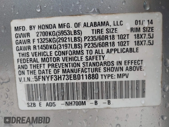 2014 Honda Pilot EX-L with VIN 5FNYF3H73EB011880, listed as a IAAI auction lot 42157396 with 73,881 mi miles and . Bid and sale history available at carsss.com. Image 9.