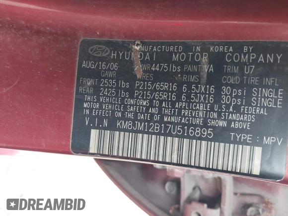 2007 Hyundai Tucson GLS with VIN KM8JM12B17U516895, listed as a IAAI auction lot 41836971 with 193,049 mi miles. Bid and sale history available at carsss.com. Image 9.