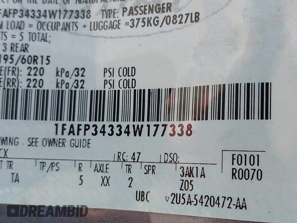 2004 Ford Focus SE with VIN 1FAFP34334W177338, listed as a IAAI auction lot 42003202 with 190,581 mi miles and . Bid and sale history available at DreamBid. Image 9.