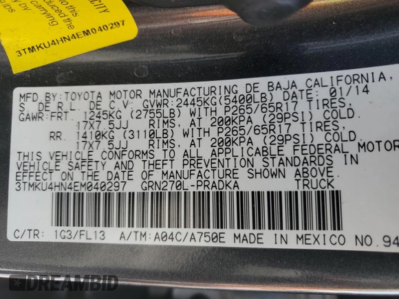 2014 Toyota Tacoma PreRunner with VIN 3TMKU4HN4EM040297, listed as a Copart auction lot 86418894 with 111,626 mi miles and Salvage title. Bid and sale history available at DreamBid. Image 13.