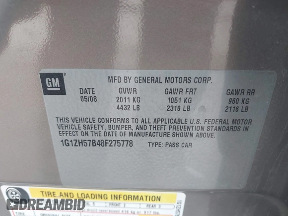 2008 Chevrolet Malibu 1LT with VIN 1G1ZH57B48F275778, listed as a IAAI auction lot 41331471 with 168,931 mi miles and . Bid and sale history available at DreamBid. Image 9.
