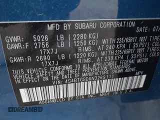 2022 Subaru Outback Wilderness with VIN 4S4BTGSD0N3269111, listed as a IAAI auction lot 41675756 with 17,046 mi miles and . Bid and sale history available at DreamBid. Image 9.