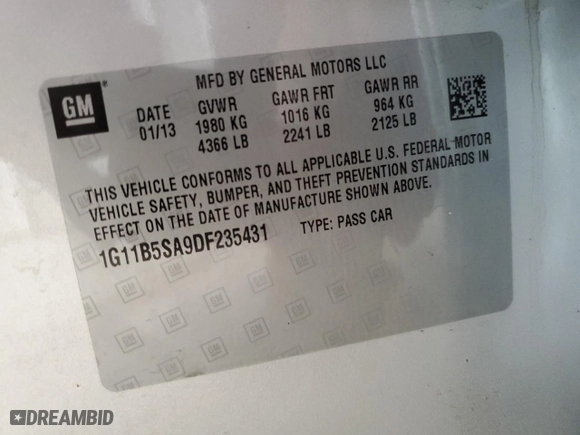 2013 Chevrolet Malibu LS with VIN 1G11B5SA9DF235431, listed as a Copart auction lot 53880305 with 28,366 mi miles and Salvage Title. Bid and sale history available at carsss.com. Image 12.