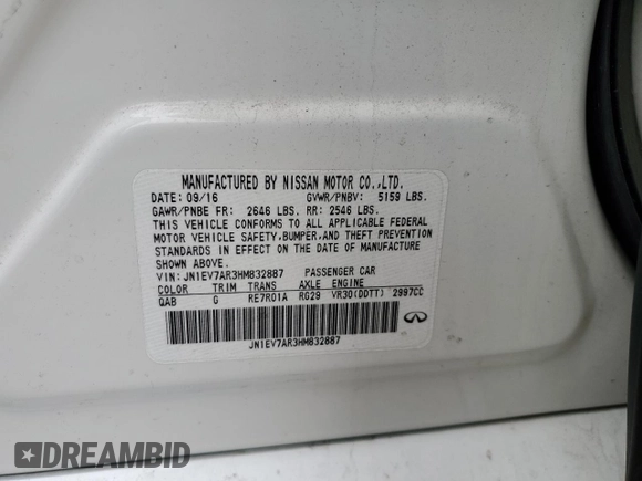 2017 Infiniti Q50 Premium with VIN JN1EV7AR3HM832887, listed as a Copart auction lot 57914975 with 62,878 mi miles and Salvage title. Bid and sale history available at DreamBid. Image 12.