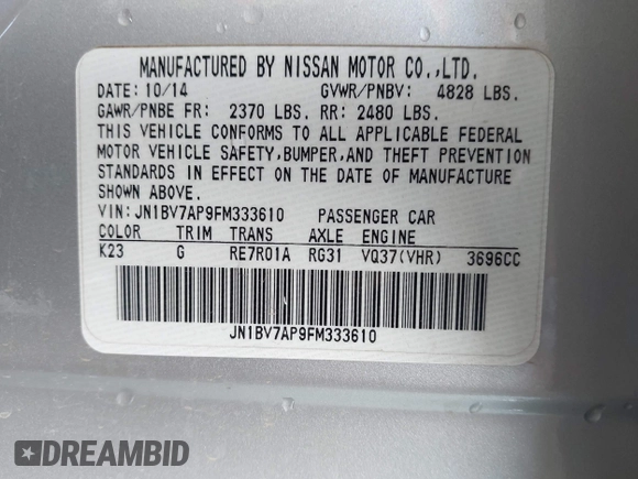 2015 Infiniti Q50 Premium with VIN JN1BV7AP9FM333610, listed as a IAAI auction lot 42029779 with 168,740 mi miles. Bid and sale history available at carsss.com. Image 9.
