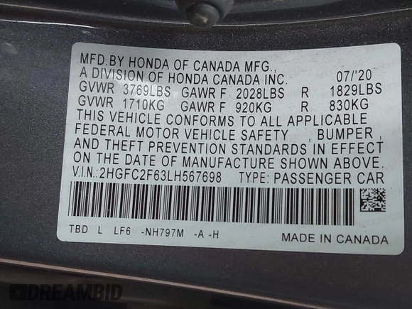 2020 Honda Civic LX with VIN 2HGFC2F63LH567698, listed as a IAAI auction lot 42354886 with 70,977 mi miles and . Bid and sale history available at DreamBid. Image 9.