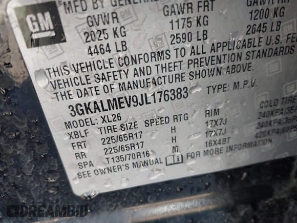 2018 GMC Terrain SLE with VIN 3GKALMEV9JL176383, listed as a IAAI auction lot 36237365 with 26,919 mi miles and . Bid and sale history available at carsss.com. Image 9.
