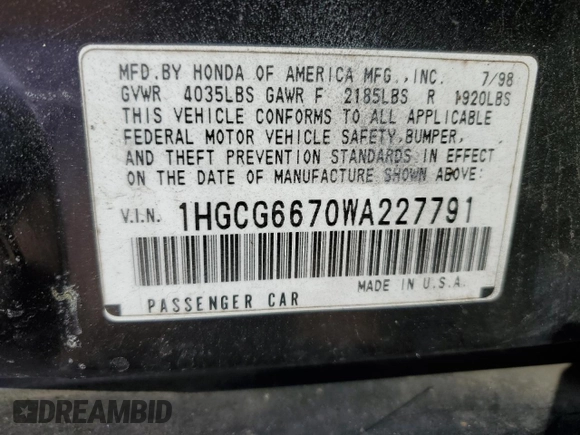 1998 Honda Accord EX z VIN 1HGCG6670WA227791, wystawiony jako Copart lot #49052565 z przebiegiem 159 332 mil mil oraz Szkoda całkowita • Salvage title. Historia ofert i sprzedaży dostępna na DreamBid. Obrazek 12.