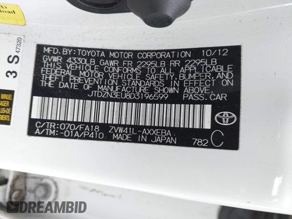 2013 Toyota Prius Two with VIN JTDZN3EU8D3196599, listed as a IAAI auction lot 42056574 with 127,570 mi miles and . Bid and sale history available at carsss.com. Image 9.