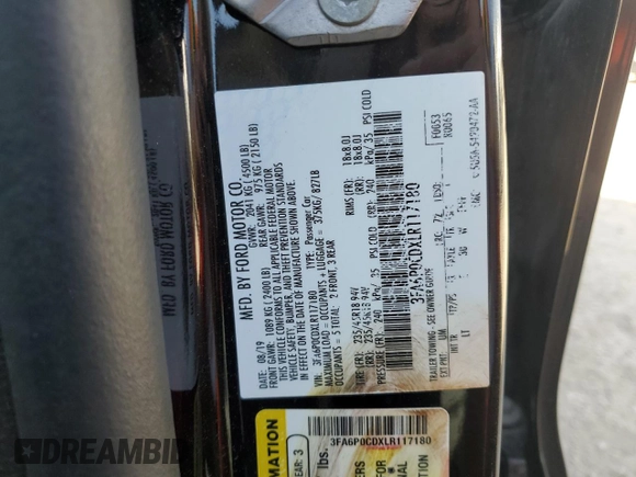 2020 Ford Fusion SEL with VIN 3FA6P0CDXLR117180, listed as a Copart auction lot 48495565 with 100,377 mi miles and Salvage title. Bid and sale history available at DreamBid. Image 13.