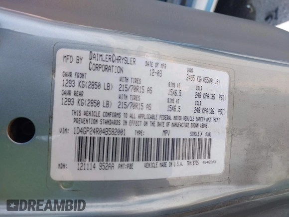 2004 Dodge Caravan SE z VIN 1D4GP24R04B582001, wystawiony jako IAAI lot #42221489 z przebiegiem Nie podano mil oraz . Historia ofert i sprzedaży dostępna na DreamBid. Obrazek 9.