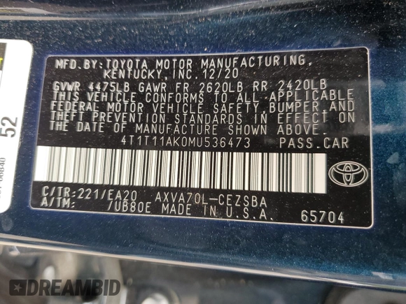 2021 Toyota Camry SE Nightshade with VIN 4T1T11AK0MU536473, listed as a Copart auction lot 52007935 with 53,549 mi miles and Salvage Title. Bid and sale history available at carsss.com. Image 14.