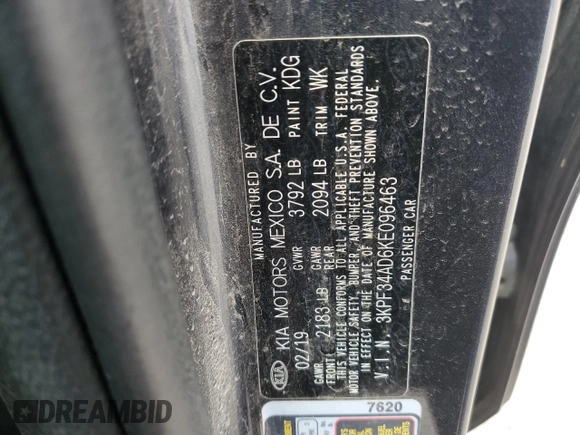 2019 Kia Forte S with VIN 3KPF34AD6KE096463, listed as a Copart auction lot 50405195 with 93,827 mi miles and Salvage Title. Bid and sale history available at carsss.com. Image 12.