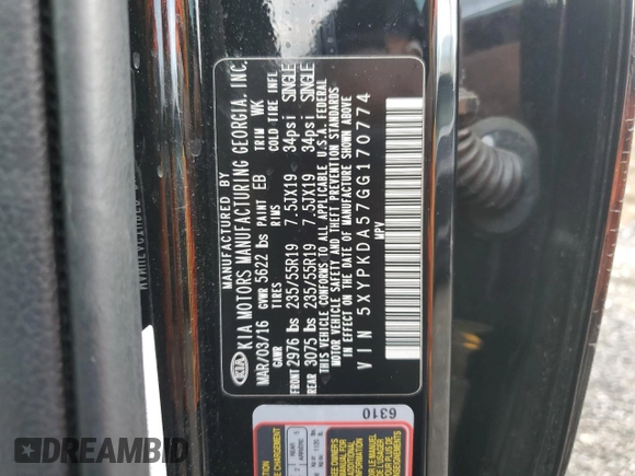 2016 Kia Sorento SX with VIN 5XYPKDA57GG170774, listed as a Copart auction lot 52107015 with 71,186 mi miles and Non Repairable. Bid and sale history available at carsss.com. Image 13.