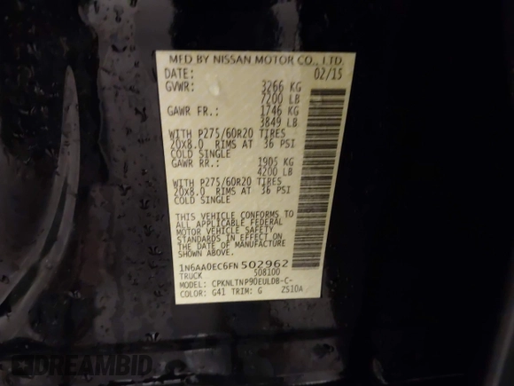 2015 Nissan Titan SV z VIN 1N6AA0EC6FN502962, wystawiony jako IAAI lot #41358935 z przebiegiem 102 204 mil mil oraz . Historia ofert i sprzedaży dostępna na DreamBid. Obrazek 9.
