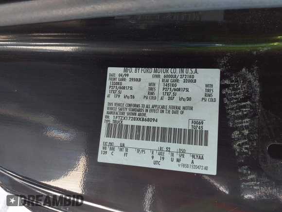 1999 Ford F-150 с VIN 1FTZX1728XKB68094, выставлен на аукционе IAAI как лот 41863108 с пробегом 219 109 миль миль и . История ставок и продаж доступна на DreamBid. Изображение 9.