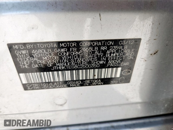 2012 Lexus ES 330 с VIN JTHBK1EG8C2500350, выставлен на аукционе Copart как лот 63299295 с пробегом 201 166 миль миль и Чистый • Clean title. История ставок и продаж доступна на DreamBid. Изображение 12.