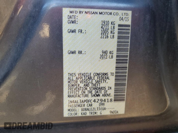 2015 Nissan Altima S with VIN 1N4AL3AP0FC429418, listed as a Copart auction lot 44966175 with 174,181 mi miles and Salvage Title. Bid and sale history available at DreamBid. Image 13.