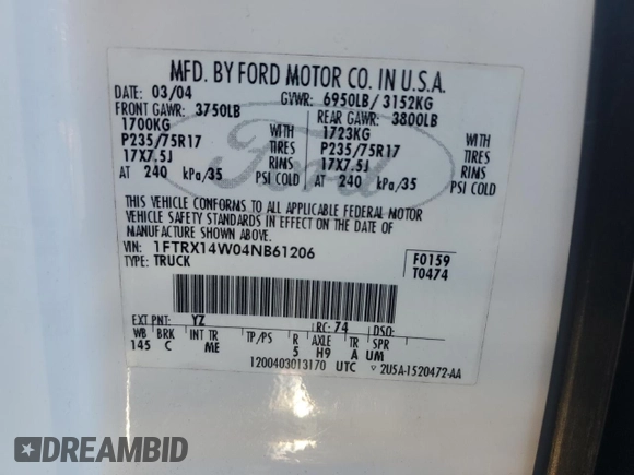 2004 Ford F-150 STX with VIN 1FTRX14W04NB61206, listed as a Copart auction lot 47146015 with 50,393 mi miles and Salvage title. Bid and sale history available at DreamBid. Image 12.