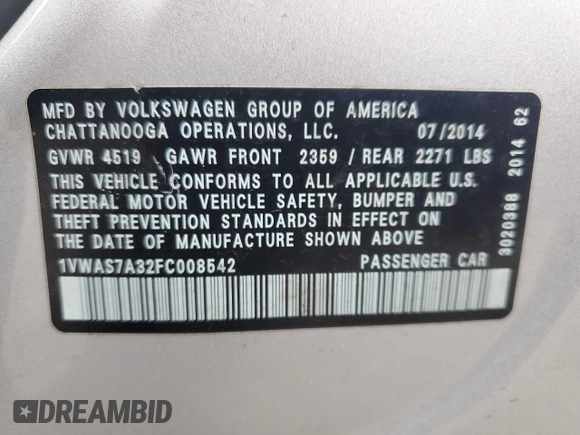 2015 Volkswagen Passat S with VIN 1VWAS7A32FC008542, listed as a Copart auction lot 52530915 with 109,330 mi miles and Salvage title. Bid and sale history available at DreamBid. Image 12.