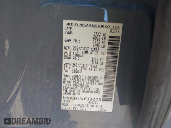 2023 Nissan Frontier SV with VIN 1N6ED1EK2PN633278, listed as a IAAI auction lot 41854671 with 59,549 mi miles and . Bid and sale history available at DreamBid. Image 9.