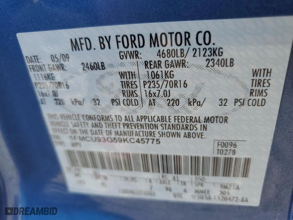 2009 Ford Escape XLT with VIN 1FMCU93G59KC45775, listed as a Copart auction lot 52766585 with 213,423 mi miles and Salvage Title. Bid and sale history available at carsss.com. Image 14.