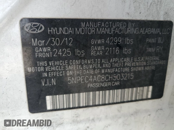 2012 Hyundai Sonata Limited z VIN 5NPEC4AC8CH503215, wystawiony jako Copart lot #53364675 z przebiegiem 155 670 mil mil oraz Szkoda całkowita • Salvage title. Historia ofert i sprzedaży dostępna na DreamBid. Obrazek 12.