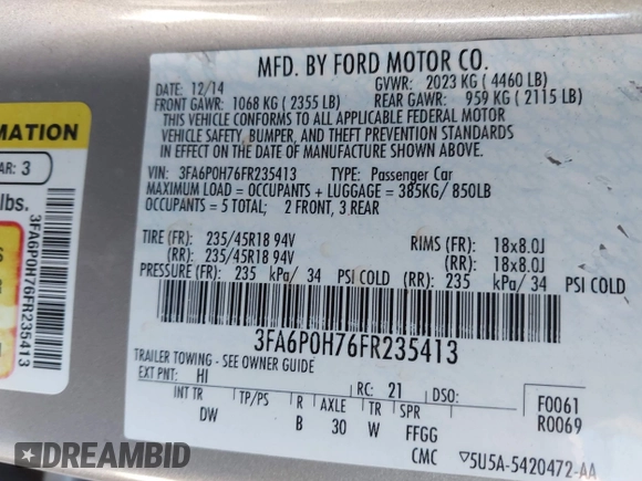 2015 Ford Fusion SE with VIN 3FA6P0H76FR235413, listed as a IAAI auction lot 41333273 with Not provided miles and . Bid and sale history available at DreamBid. Image 9.