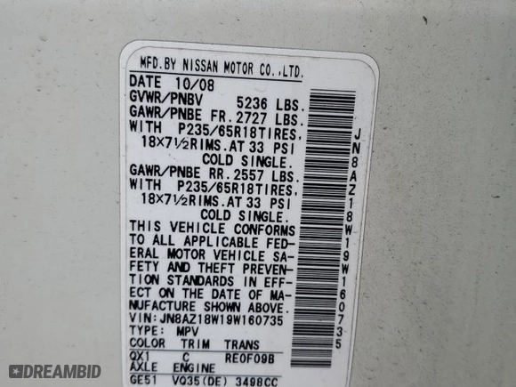 2009 Nissan Murano S with VIN JN8AZ18W19W160735, listed as a Copart auction lot 47739765 with 171,318 mi miles and Salvage Title. Bid and sale history available at carsss.com. Image 12.