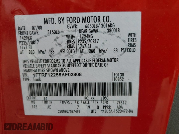 2008 Ford F-150 XL with VIN 1FTRF12258KF03808, listed as a Copart auction lot 59571875 with 101,561 mi miles and Salvage title. Bid and sale history available at DreamBid. Image 12.