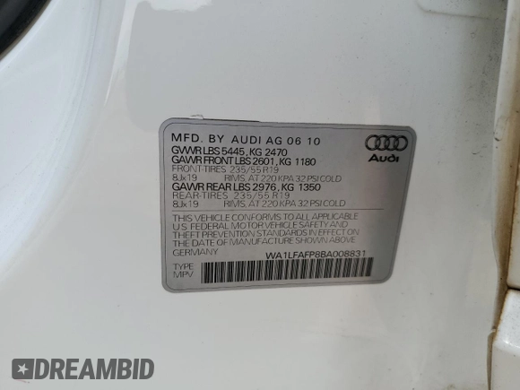 2011 Audi Q5 Premium Plus with VIN WA1LFAFP8BA008831, listed as a Copart auction lot 59253315 with 150,146 mi miles and Salvage title. Bid and sale history available at DreamBid. Image 12.