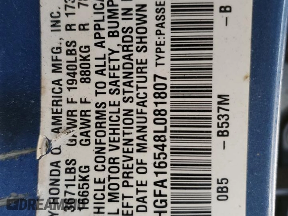 2008 Honda Civic LX with VIN 1HGFA16548L081807, listed as a Copart auction lot 54713615 with 127,625 mi miles and Salvage Title. Bid and sale history available at DreamBid. Image 12.