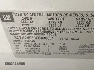 2015 GMC Sierra 1500 SLT with VIN 3GTU2VEJ8FG430051, listed as a IAAI auction lot 41208698 with 191,699 mi miles and . Bid and sale history available at DreamBid. Image 9.