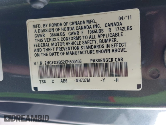 2012 Honda Civic Cpe LX with VIN 2HGFG3B52CH500405, listed as a IAAI auction lot 42091494 with 209,657 mi miles. Bid and sale history available at carsss.com. Image 9.