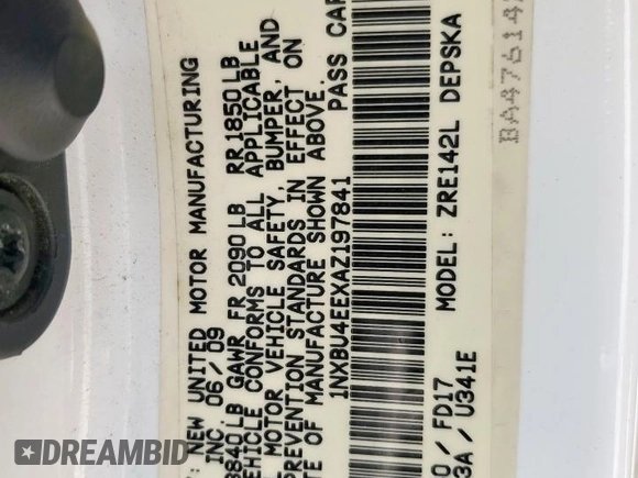 2010 Toyota Corolla with VIN 1NXBU4EEXAZ197841, listed as a Copart auction lot 63290795 with 249,046 mi miles and Salvage title. Bid and sale history available at DreamBid. Image 12.