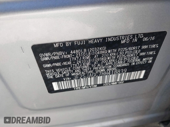 2017 Subaru Forester Premium with VIN JF2SJAGC7HH418839, listed as a IAAI auction lot 41523343 with 1 mi miles. Bid and sale history available at carsss.com. Image 9.