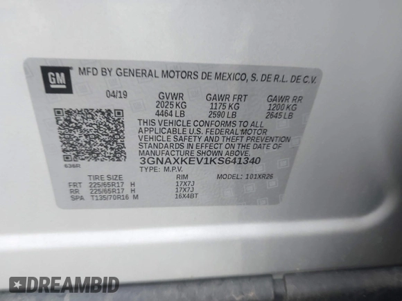2019 Chevrolet Equinox LT with VIN 3GNAXKEV1KS641340, listed as a IAAI auction lot 41890412 with 72,445 mi miles and . Bid and sale history available at carsss.com. Image 9.