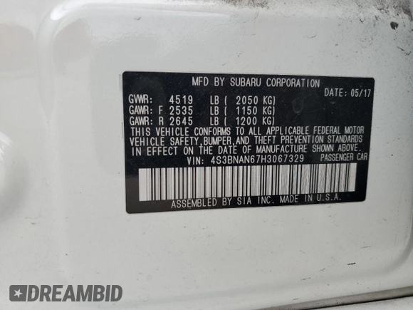 2017 Subaru Legacy Limited with VIN 4S3BNAN67H3067329, listed as a Copart auction lot 51678645 with 117,281 mi miles and Salvage title. Bid and sale history available at DreamBid. Image 12.