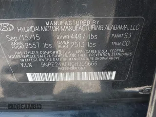 2016 Hyundai Sonata SE with VIN 5NPE24AF0GH305666, listed as a IAAI auction lot 42396430 with Not provided miles and . Bid and sale history available at DreamBid. Image 9.