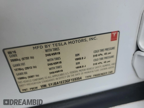 2016 Tesla Model S 90D z VIN 5YJSA1E23GF159354, wystawiony jako Copart lot #59682785 z przebiegiem 111 208 mil mil oraz Szkoda całkowita • Salvage title. Historia ofert i sprzedaży dostępna na DreamBid. Obrazek 12.