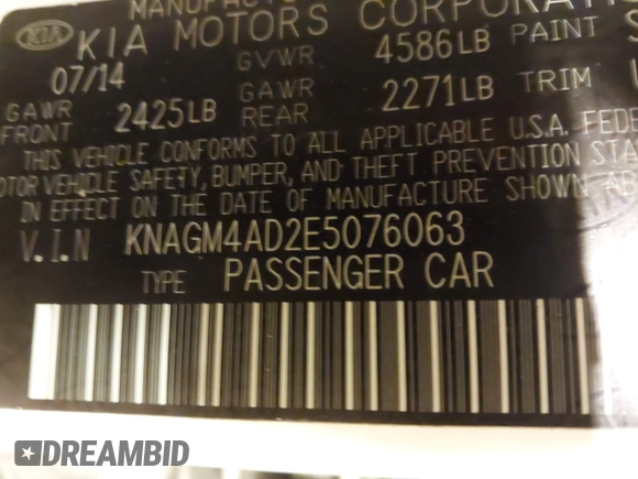 2014 Kia Optima LX with VIN KNAGM4AD2E5076063, listed as a IAAI auction lot 42014109 with 159,450 mi miles and . Bid and sale history available at DreamBid. Image 9.