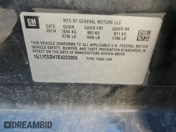 2014 Chevrolet Sonic LT with VIN 1G1JC5SH7E4220059, listed as a Copart auction lot 49877765 with 136,896 mi miles and Salvage Title. Bid and sale history available at DreamBid. Image 13.