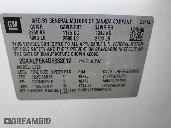 2016 GMC Terrain SLT z VIN 2GKALPEK4G6332012, wystawiony jako Copart lot #50376835 z przebiegiem 109 580 mil mil oraz Szkoda całkowita • Salvage title. Historia ofert i sprzedaży dostępna na DreamBid. Obrazek 13.