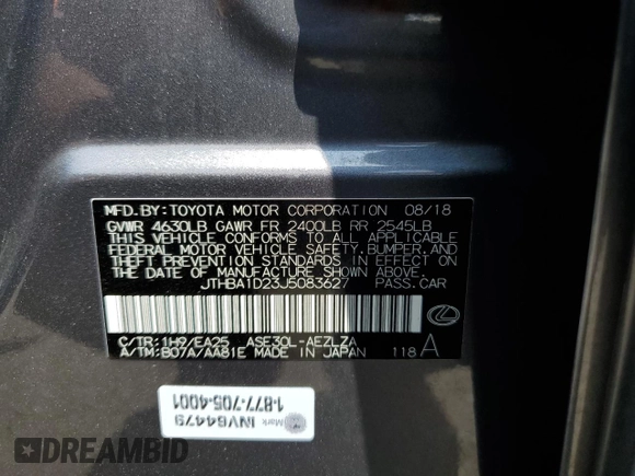 2018 Lexus IS 300 with VIN JTHBA1D23J5083627, listed as a Copart auction lot 59932835 with 72,619 mi miles and Salvage title. Bid and sale history available at DreamBid. Image 12.