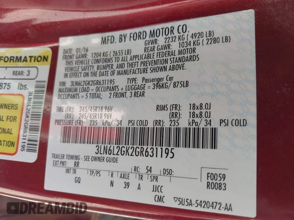 2016 Lincoln MKZ with VIN 3LN6L2GK2GR631195, listed as a IAAI auction lot 42001190 with 66,485 mi miles. Bid and sale history available at carsss.com. Image 9.