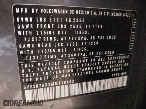 2021 Volkswagen Tiguan SE with VIN 3VV3B7AX3MM118463, listed as a IAAI auction lot 42138702 with 48,058 mi miles and . Bid and sale history available at DreamBid. Image 9.